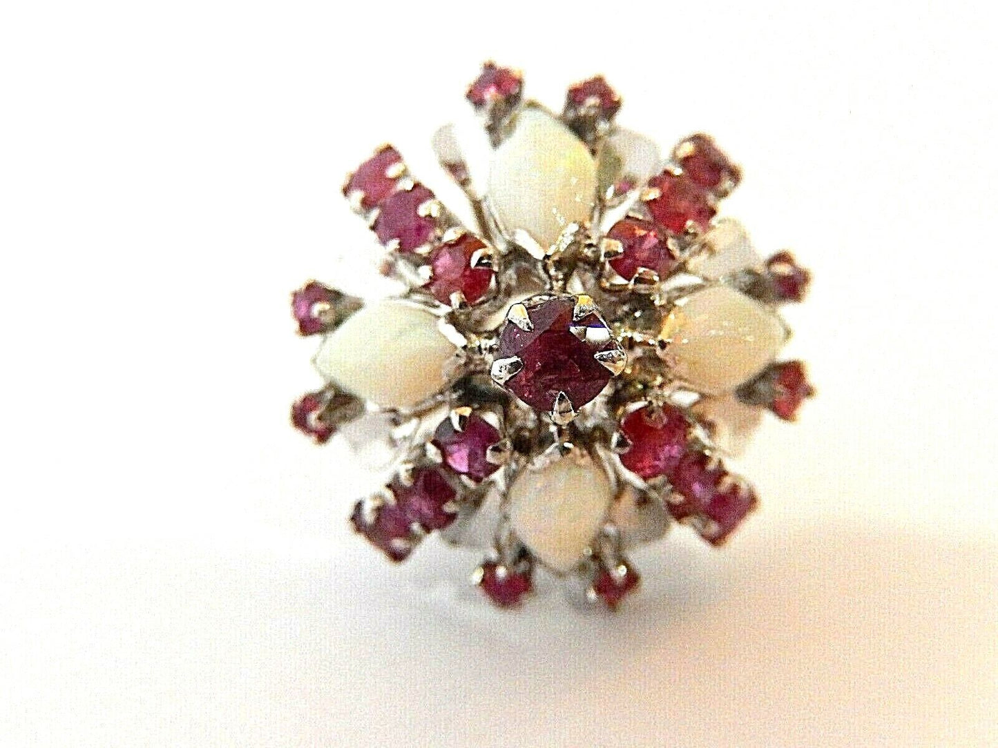 *Vintage* 12k White Gold Natural Opal & Ruby Harem Ballerina Ring size 6.5