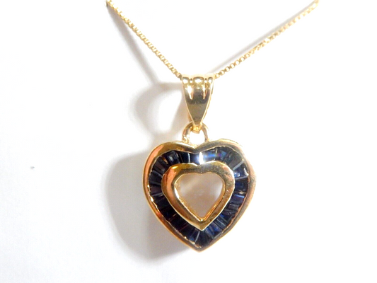 *VINTAGE* 14K Yellow Gold Lab Created Baguette Sapphire Heart Pendant w/18"chain