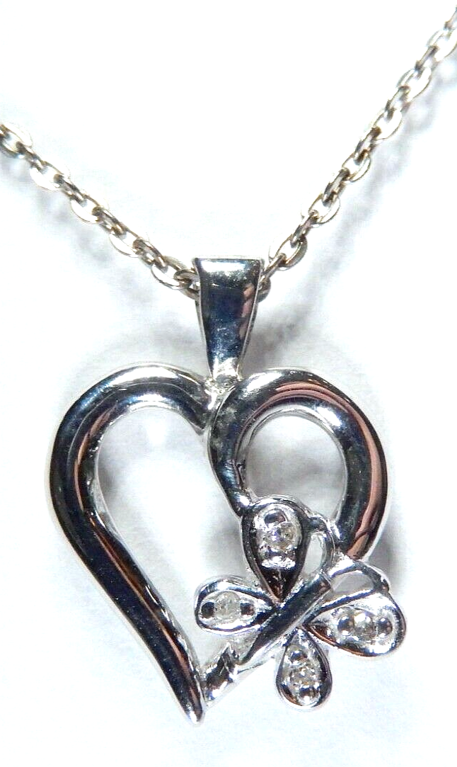 10K WHITE GOLD 4 DIAMOND & BUTTERFLY HEART PENDANT w/18" Chain