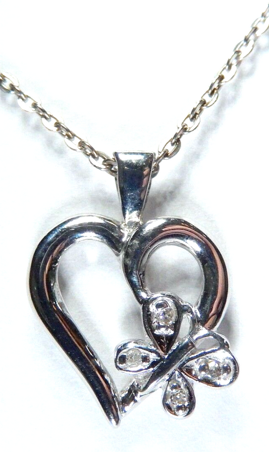 10K WHITE GOLD 4 DIAMOND & BUTTERFLY HEART PENDANT w/18" Chain