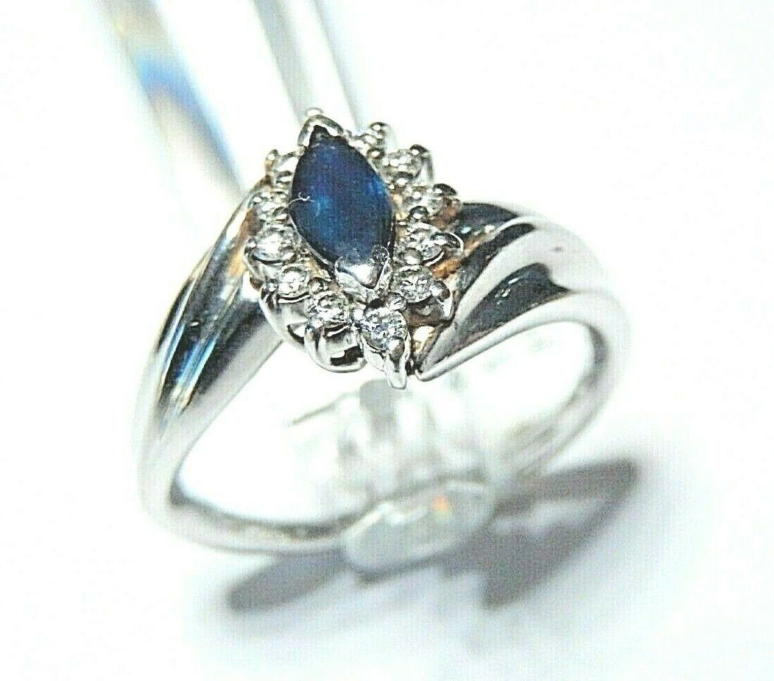 *VINTAGE* HIGH QUALITY 14K White Gold  Blue Sapphire & Diamond Halo Ring Sz 8.25