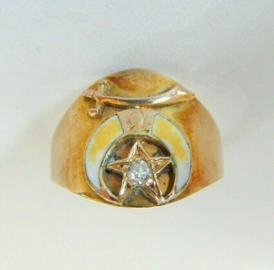 *VINTAGE* 14k Yellow Gold & Enamel Diamond Masonic Ring Size 6