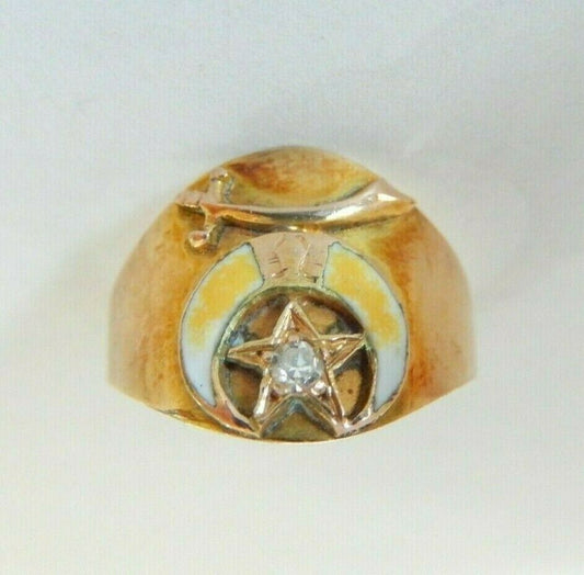 *VINTAGE* 14k Yellow Gold & Enamel Diamond Masonic Ring Size 6
