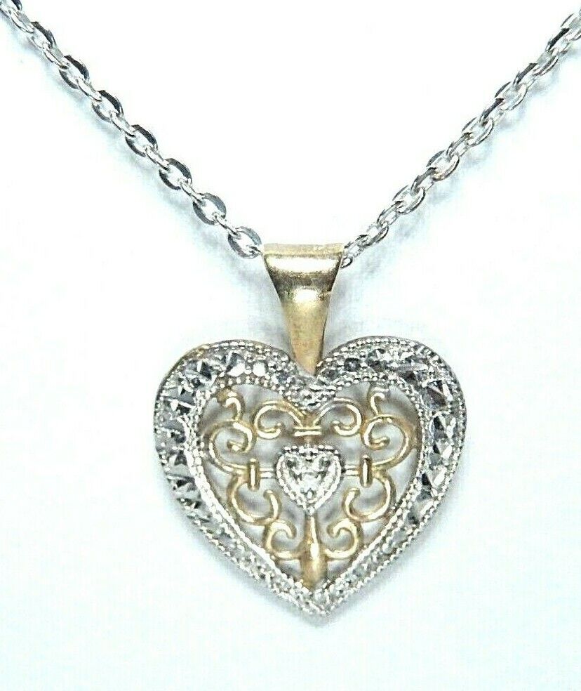 *VINTAGE*  10K Two-Tone Gold Diamond Filigree Heart Pendant w/ 18" Chain