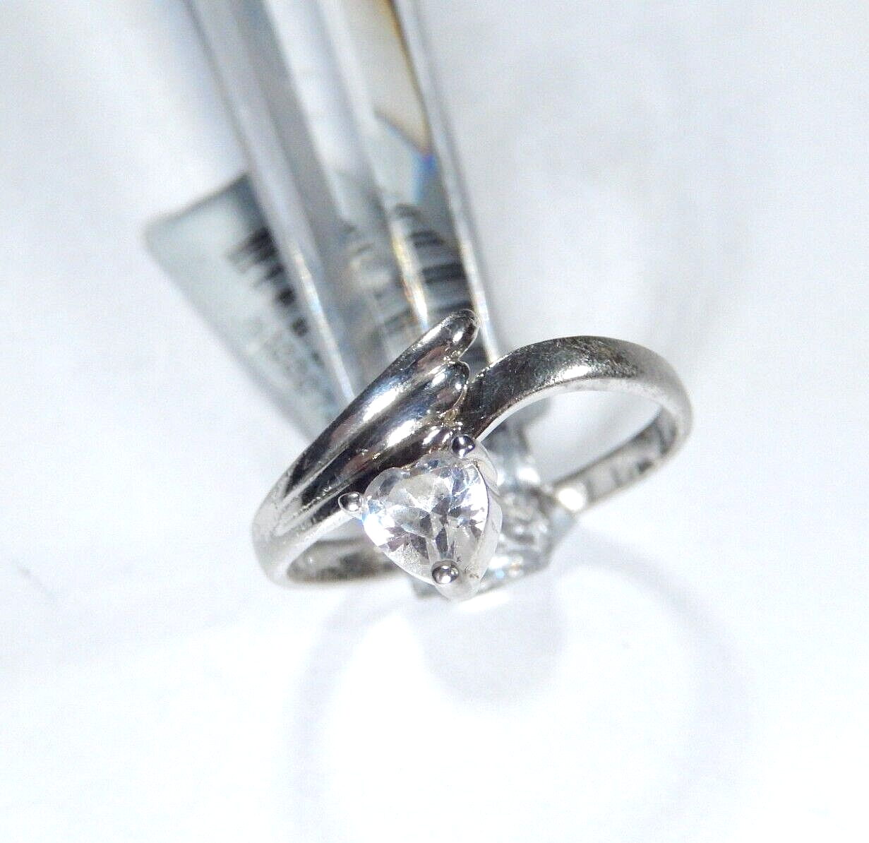 *VINTAGE*  Sterling Silver  1/3 CT CZ Solitaire Heart Bypass Ring Size 8.25