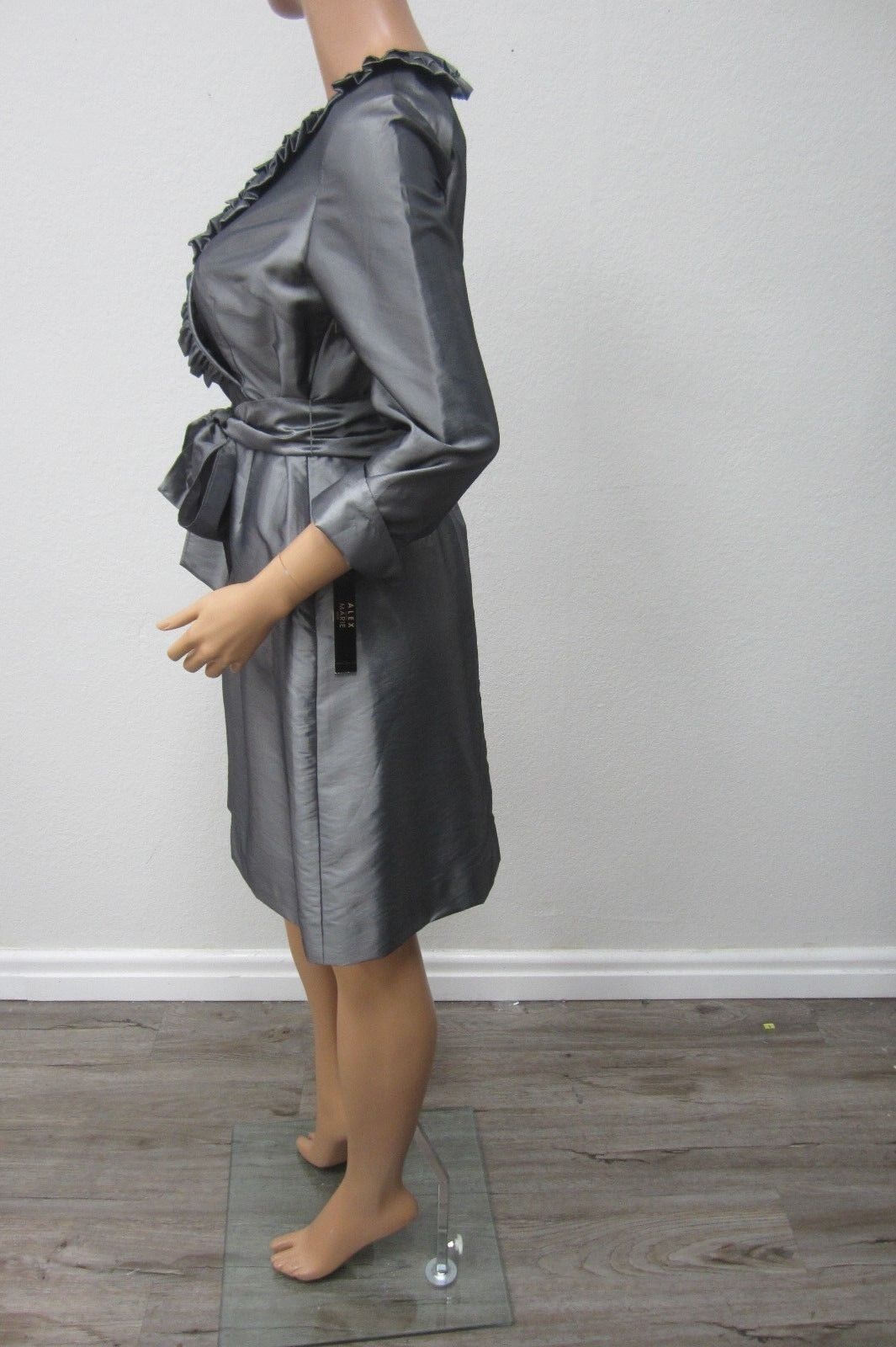 NWT Alex Marie Wanda Slate Gray Satin Shantung Ruffled Social Dress Size 6P