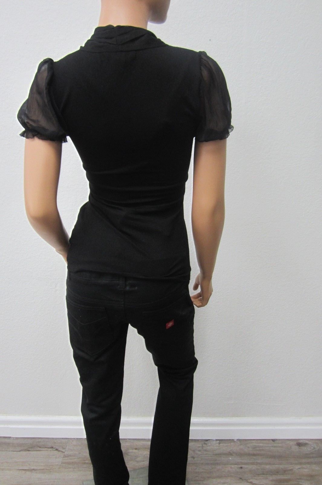 CUTE White House Black Market Womens Short Sleeve Black Semi Sheer Top Size XXS