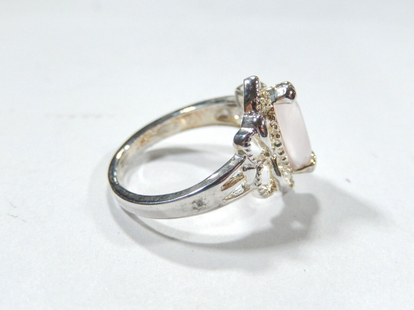 Pink Moonstone 925 Sterling Silver Ring Marquise Cut, Filigree Setting, Size 5