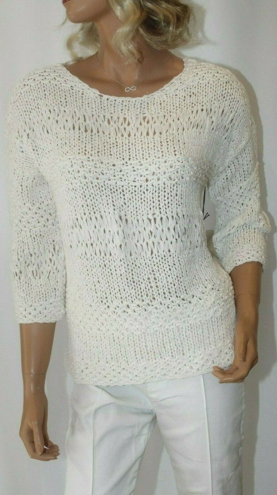 *NWT* $395. Rondina New York White Hand Knit Pull Over Top 3/4 Sleeve Size Med