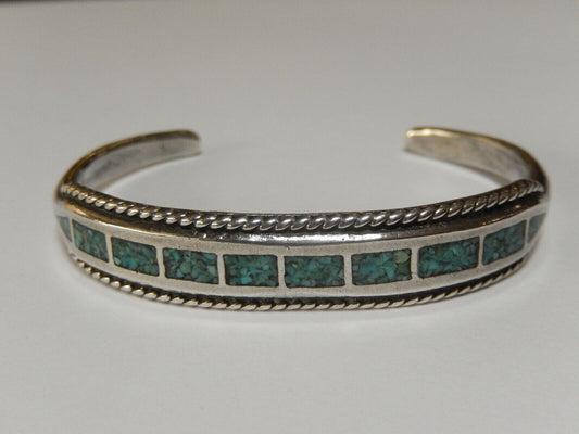 Vintage Southwest American Sterling Silver Turquoise Inlay Cuff Hallmarked