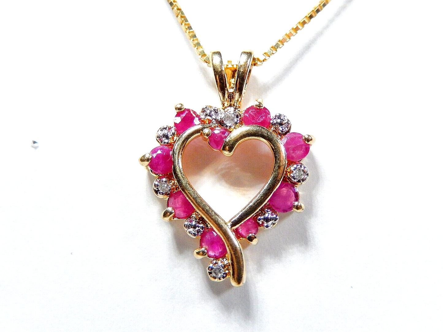 *VINTAGE*  Gold Vermeil Sterling Natural Ruby & Diamond Heart Pendant w/18"chain