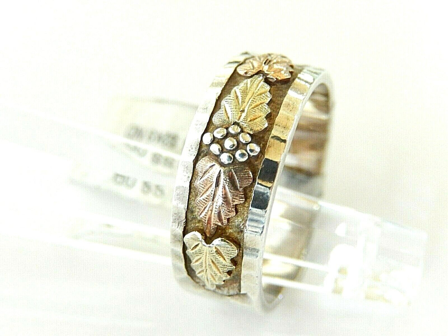 *VINTAGE*  8mm Wide 925 Sterling & 10k Yellow & Rose Gold Leaves Ring Size 10.5