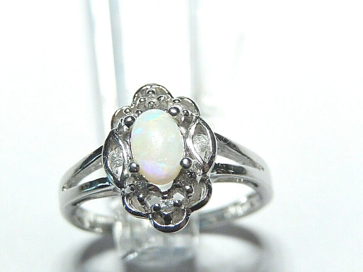 *NWT* 14K White Oval Opal &  Halo Diamond Ladies Ring Size 6.5