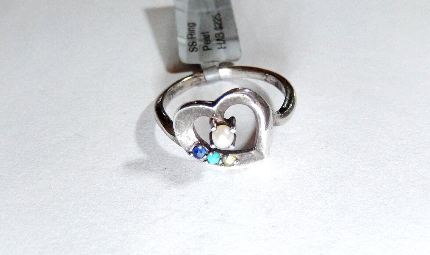*VINTAGE*  OPEN HEART PEARL & GEMSTONE STERLING SILVER 925 RING SIZE 8.5