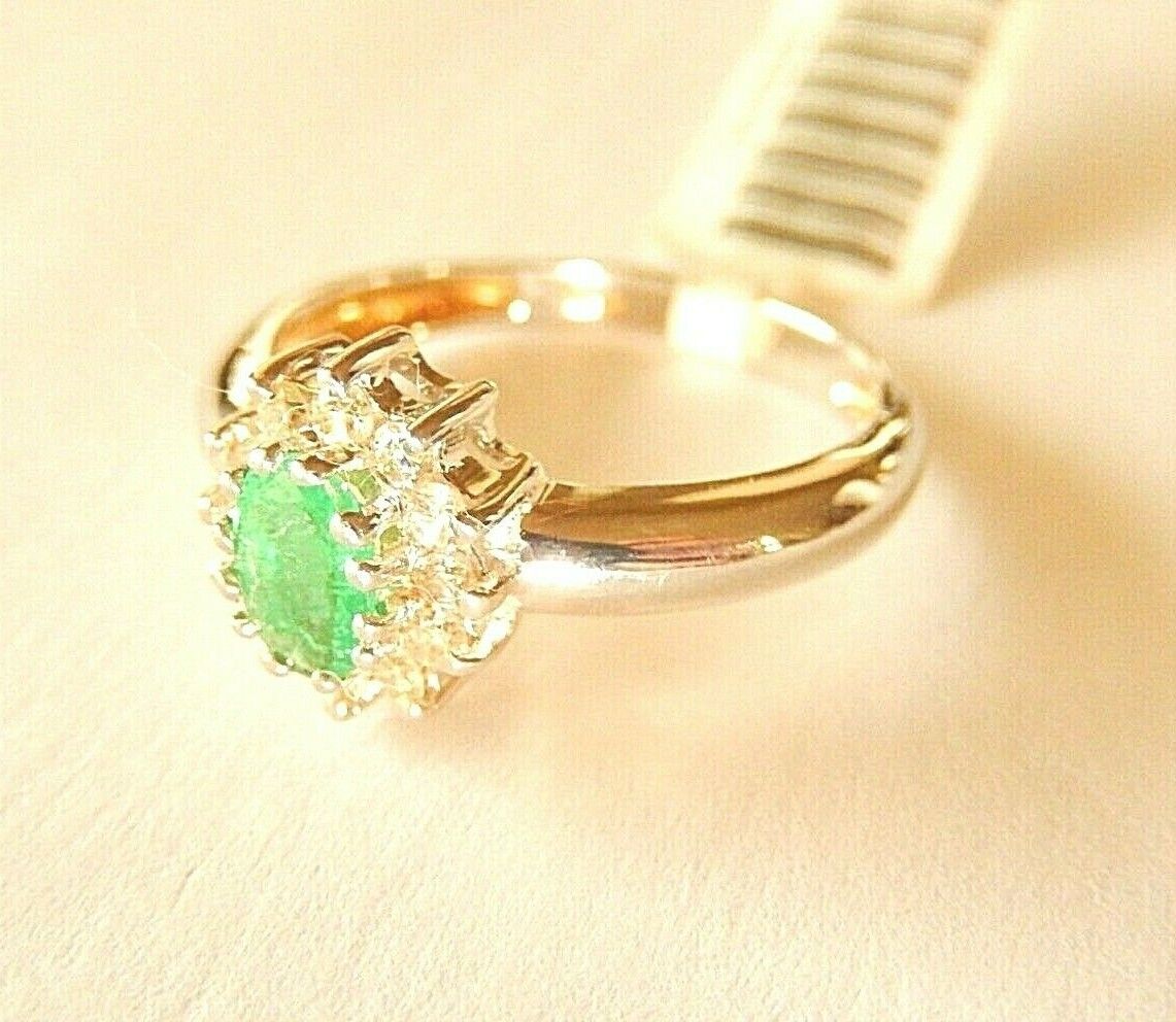 *VINTAGE*  14k White Gold .85CT Natural Emerald & Diamond Halo Ring Size 7.75