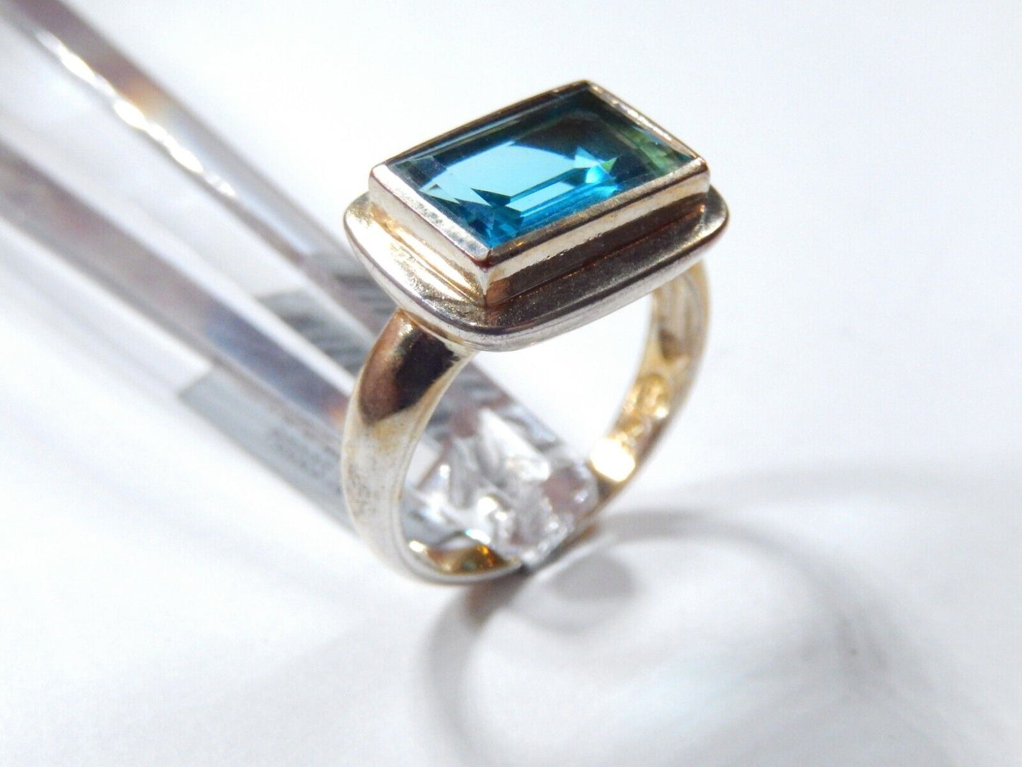 *VINTAGE*  11.00 CT Blue Topaz 925 Sterling Silver/Gold Vermeil Ring Size 8.75