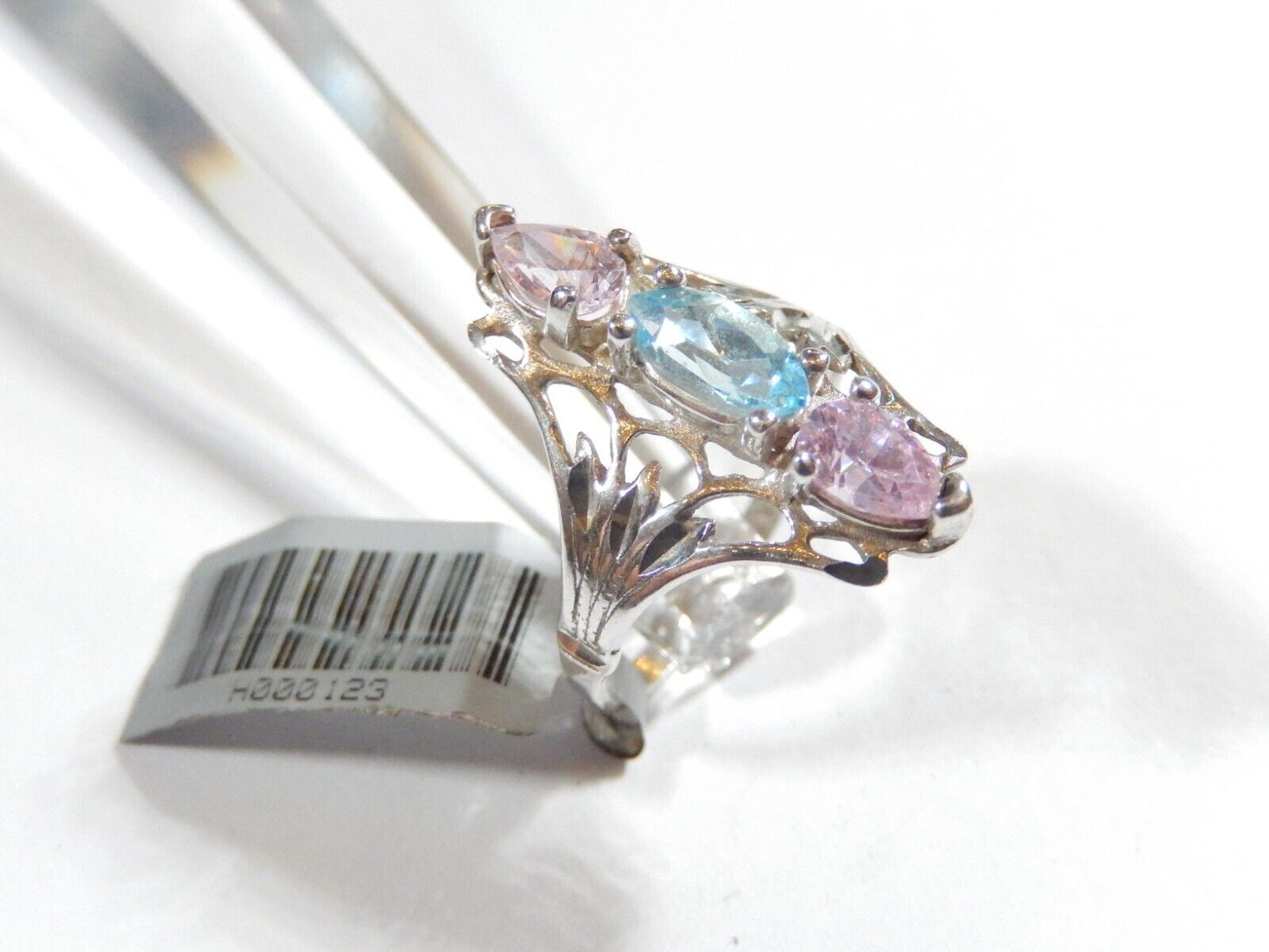 *VINTAGE* Pink Sapphire & Blue Topaz Gemstone Filigree Sterling Silver Ring Sz 7
