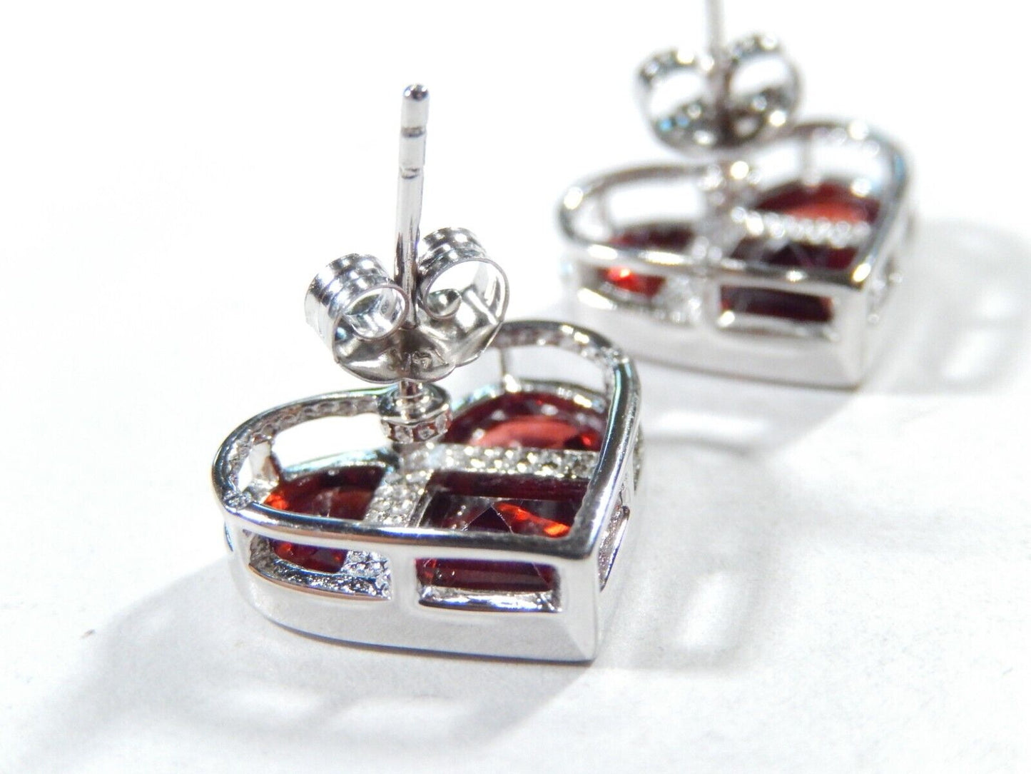 Solid 14K White Gold 4.0 CT Red Garnet Heart Shape Women's  Earrings 5/8" x 1/2"