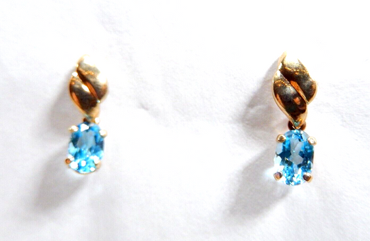 *VINTAGE* 10k Yellow Gold 1.00 CT Natural Oval Blue Topaz Dangle Post Earrings