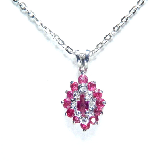10k White Gold Oval Natural Ruby and Diamond  Necklace with 18" Chain