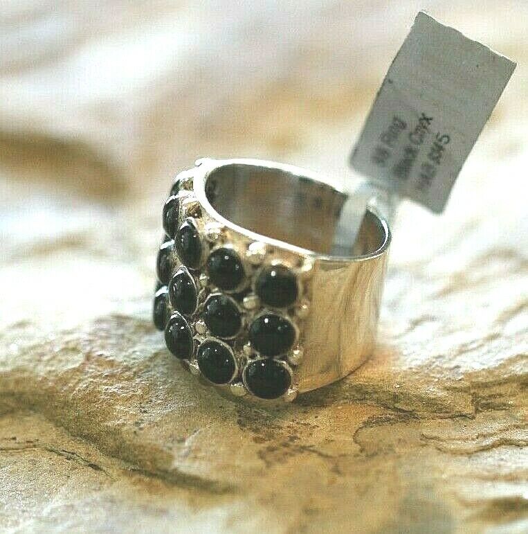 *VINTAGE* HEAVY LARGE  BLACK ONYX STERLING SILVER 15MM WIDE BAND RING SIZE 7.75