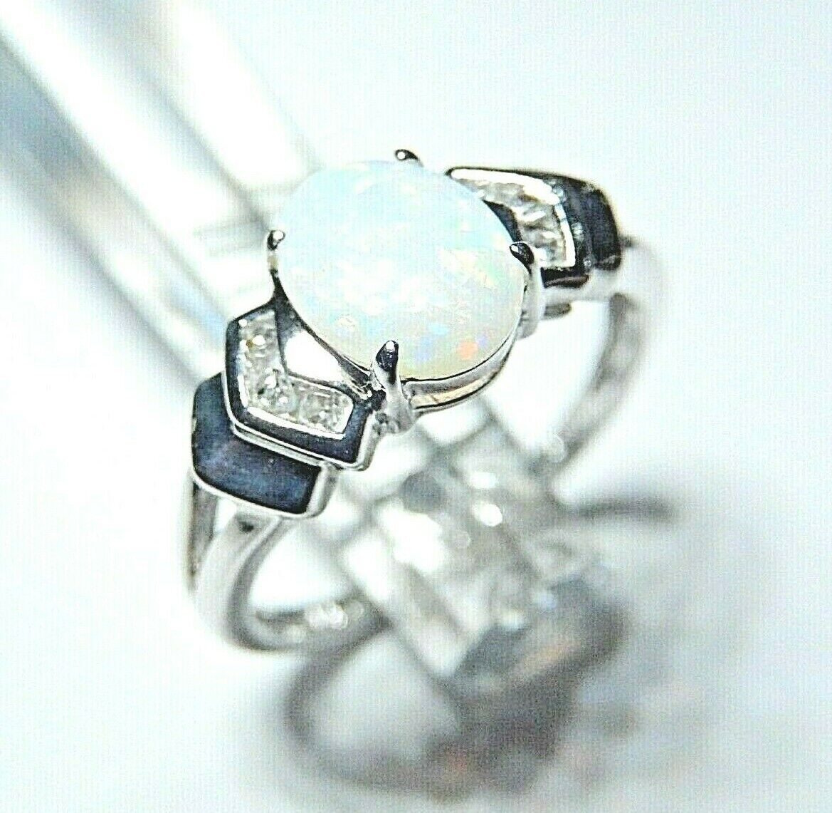 *NWT* 10k White Gold Oval Opal And Six Diamond Ring Size 7