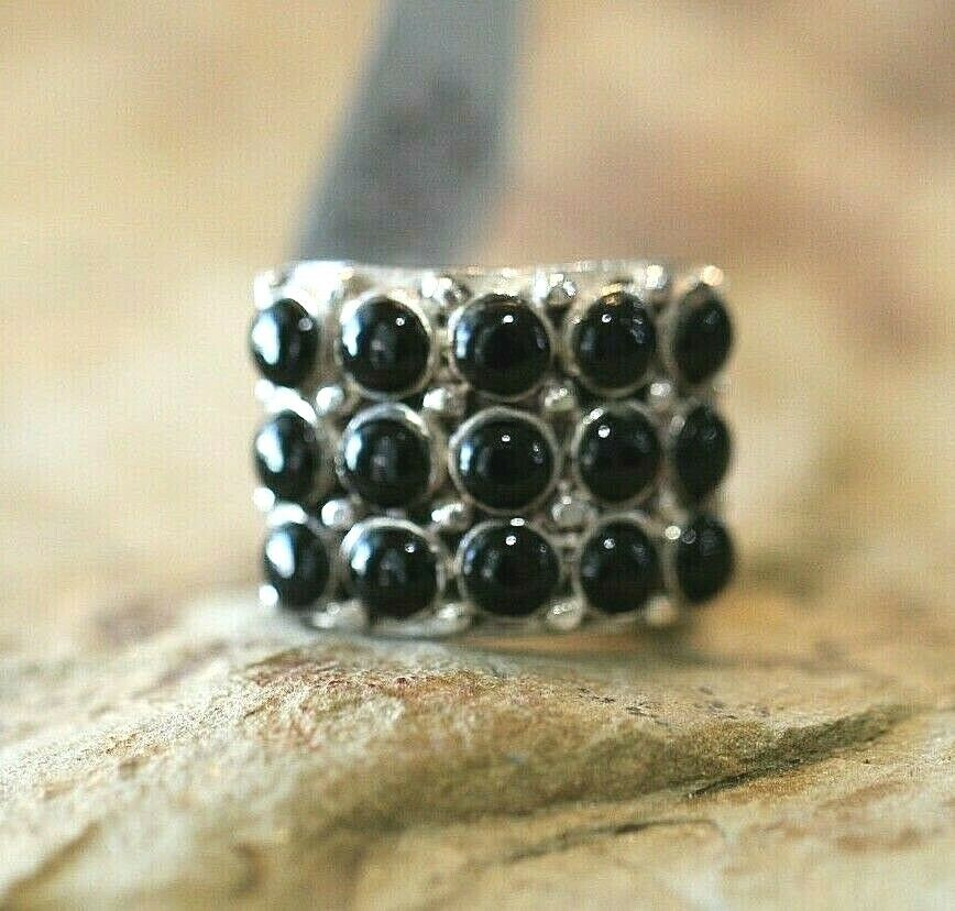 *VINTAGE* HEAVY LARGE  BLACK ONYX STERLING SILVER 15MM WIDE BAND RING SIZE 7.75