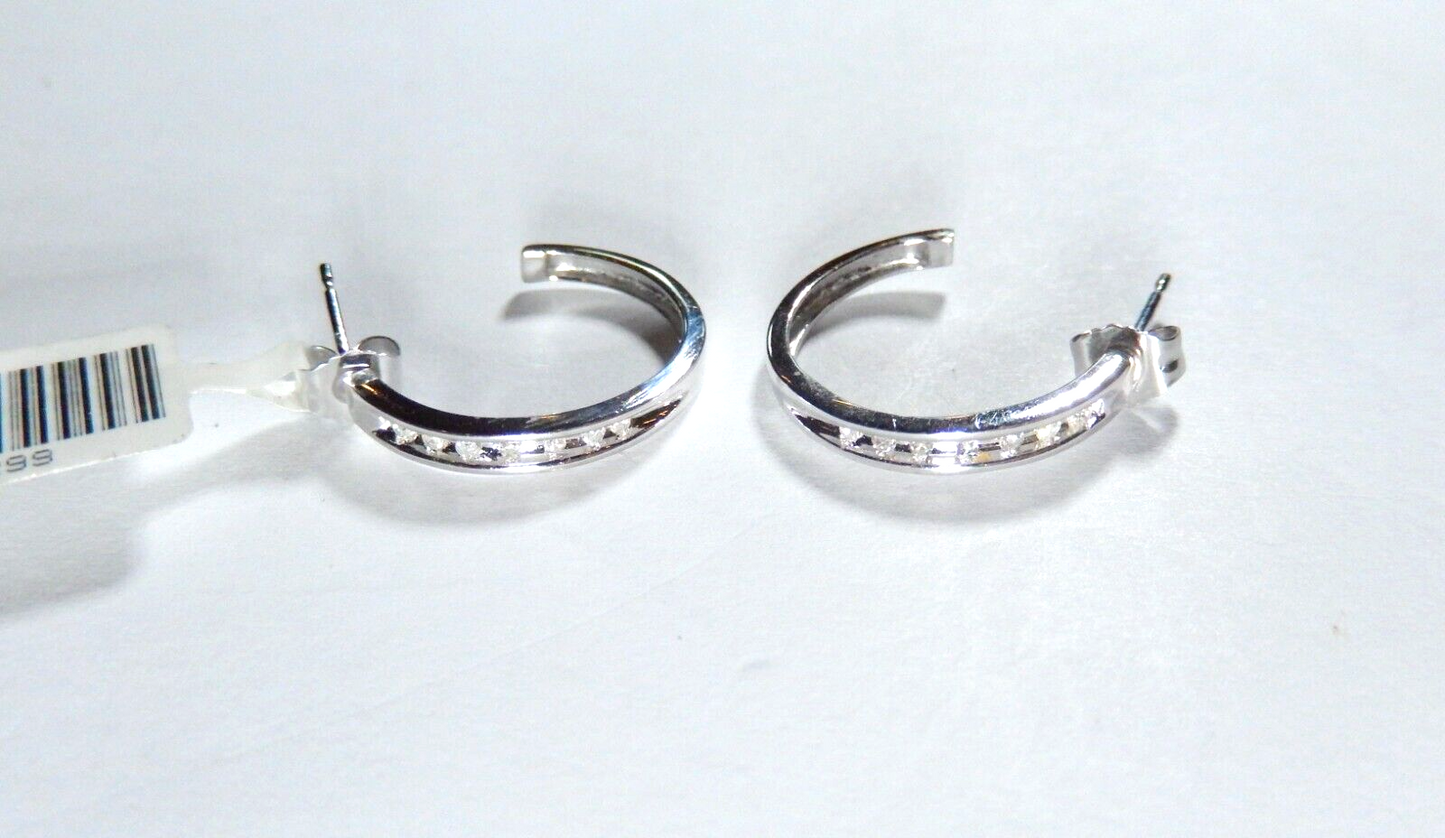 10K White Gold 1/10Ct Natural Diamond 18mm 3/4 Hoop Earrings