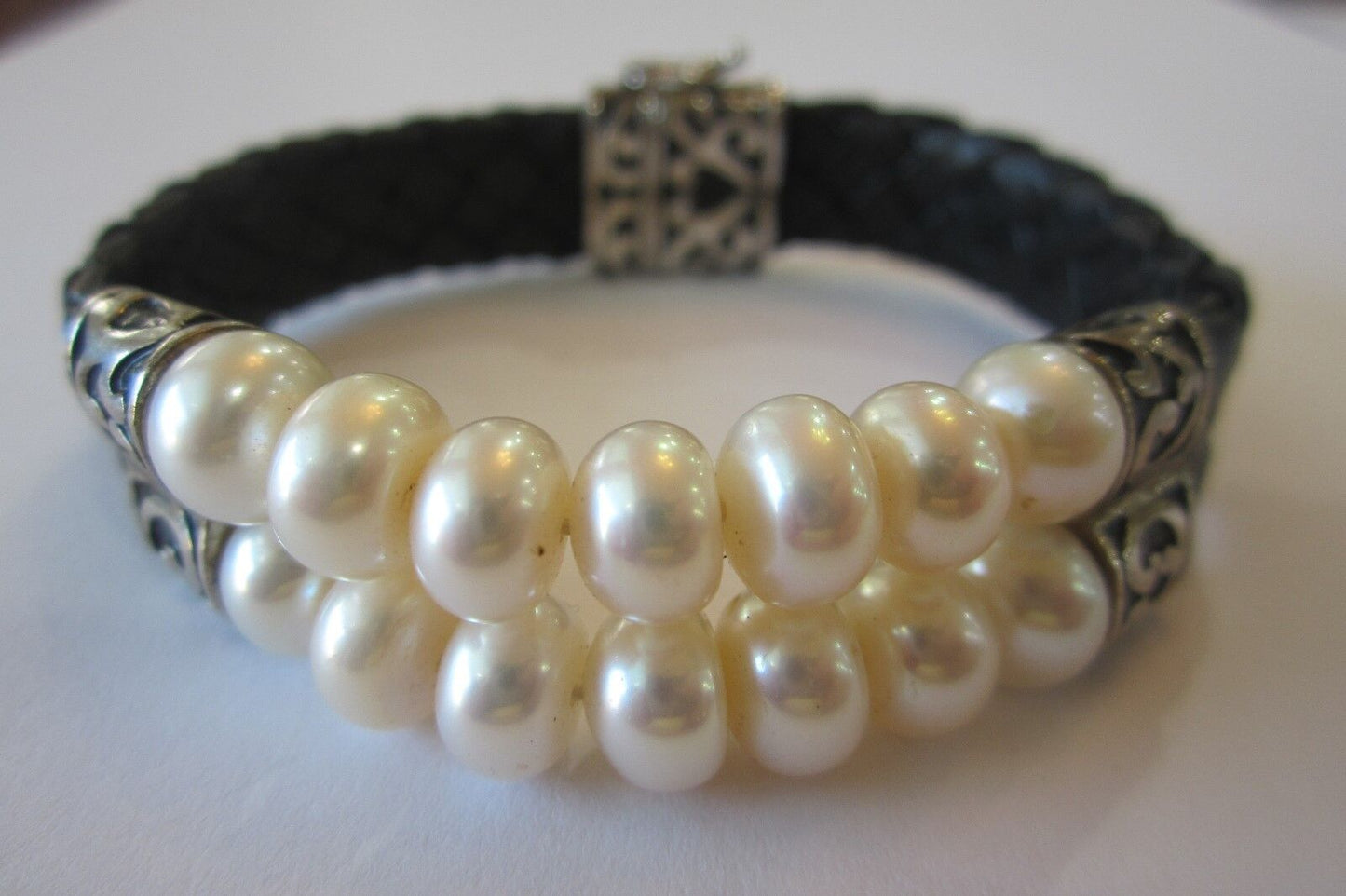 HONORA STER SILVER LEATHER & DOUBLE ROW CULTURED FRESH WATER PEARL BRACELET