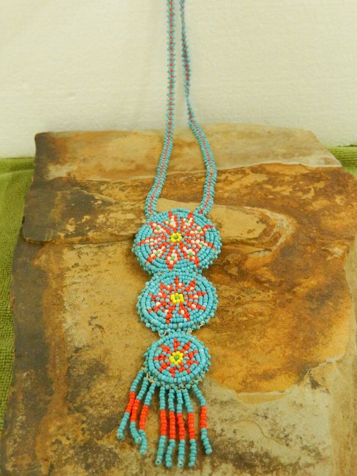 Gorgeous Vintage Native Amer Hand Beaded Medallion Necklace 22" Length