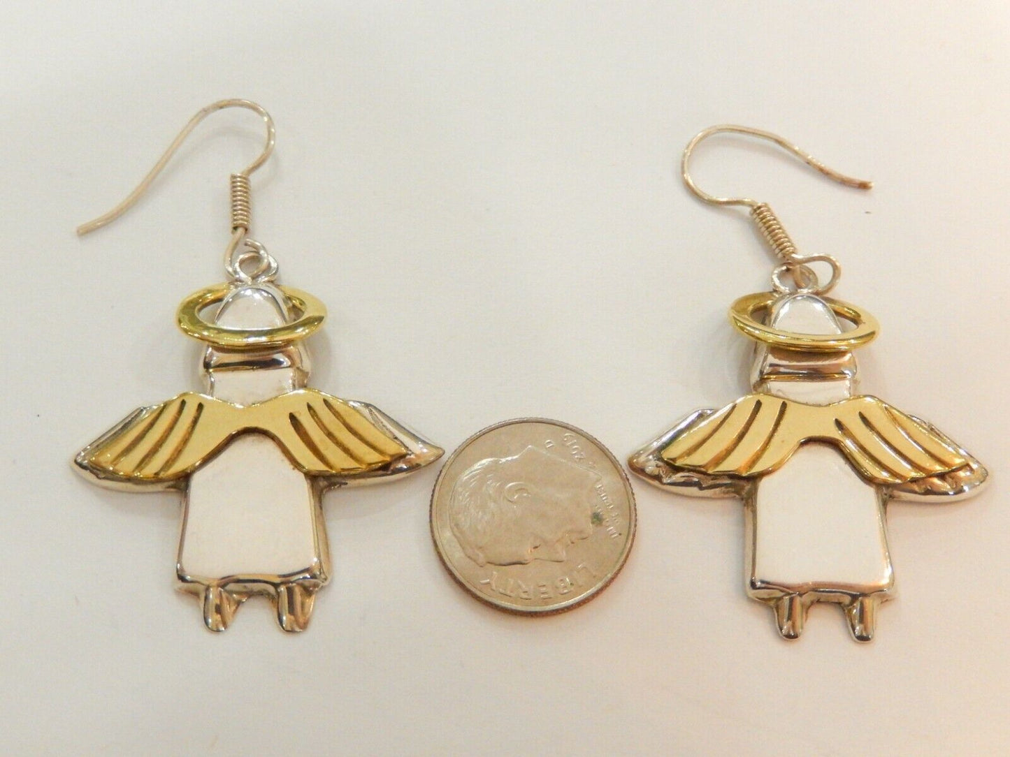 *VINTAGE* STERLING SILVER  ANGEL EARRINGS w/BRASS WINGS & HALO 1.5"