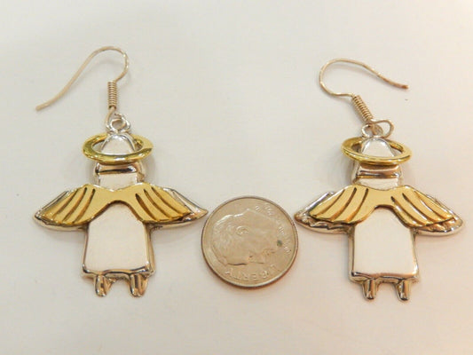 *VINTAGE* STERLING SILVER  ANGEL EARRINGS w/BRASS WINGS & HALO 1.5"