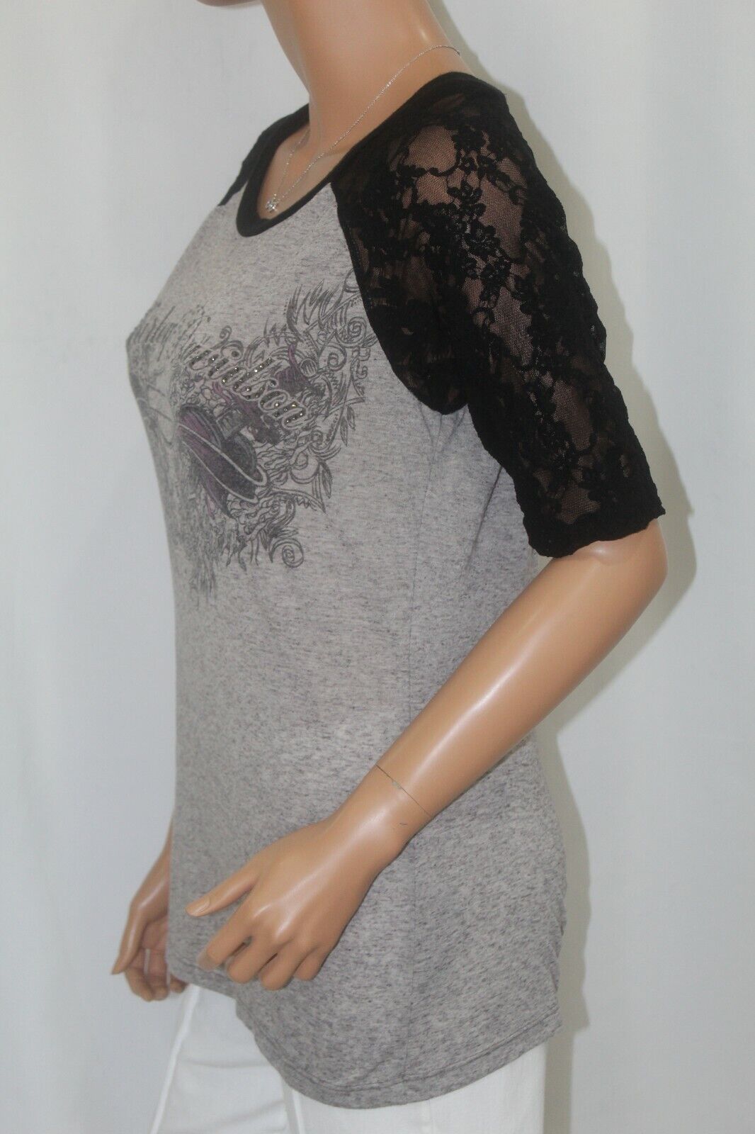 Harley Davidson Size S Womens Short Sleeve Rhinestone Logo Lace Sleeve T-Shirt