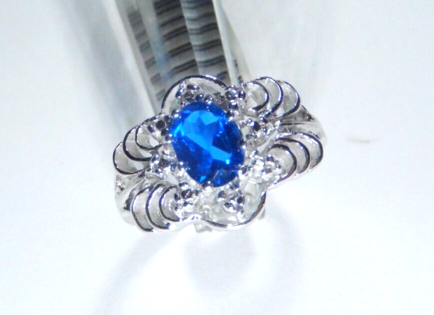 *NWT* 10k White Gold .75 CTLab Created Oval Sapphire Ring Sz 7