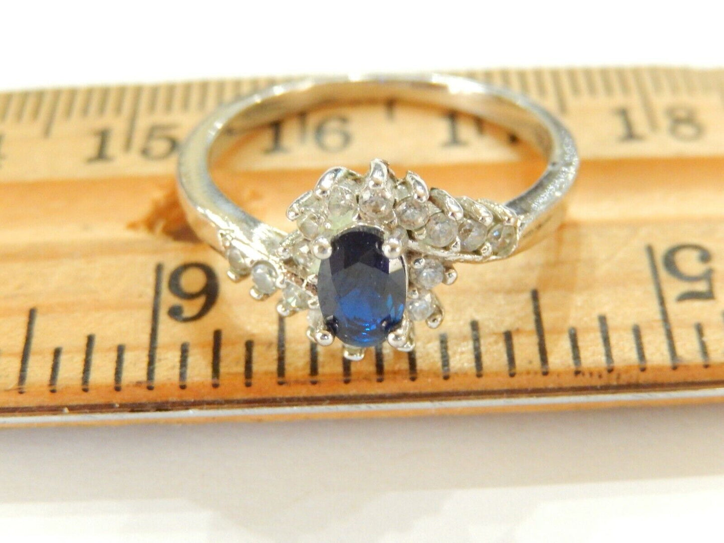Halo Sapphire And CZ  .925 Sterling Silver  Wedding / Right Hand Ring Sz 8