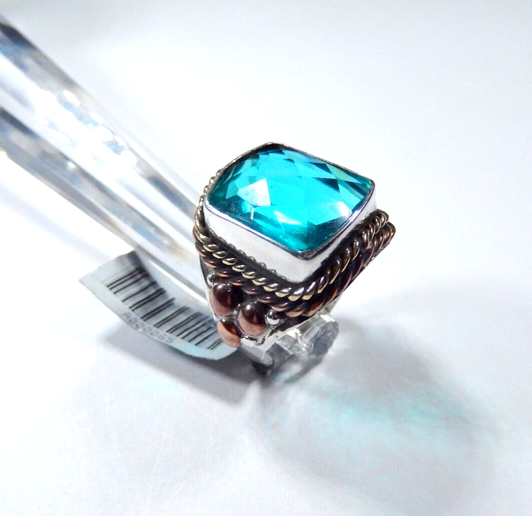 *VINTAGE Handmade Sterling Silver 13.0 CT Blue Topaz Bead & Rope Design Ring Sz7