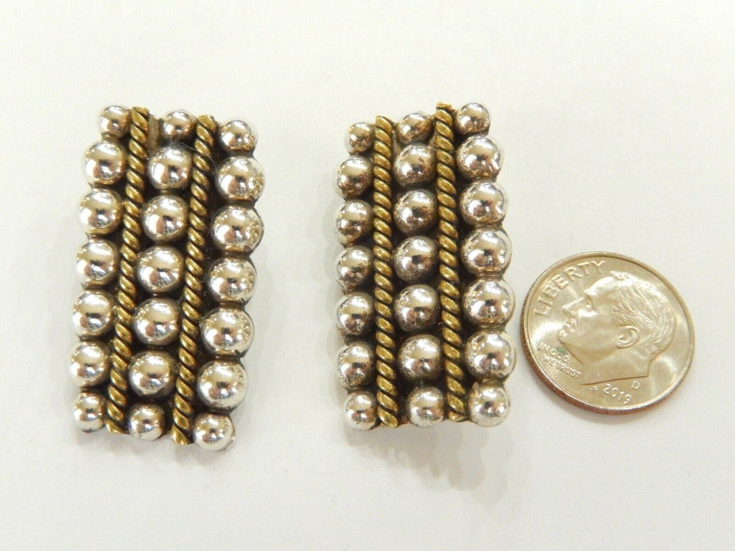 *VINTAGE* Taxco Mexico Sterling Silver and Brass Clip on Earrings 1 3/8" x 3/4"