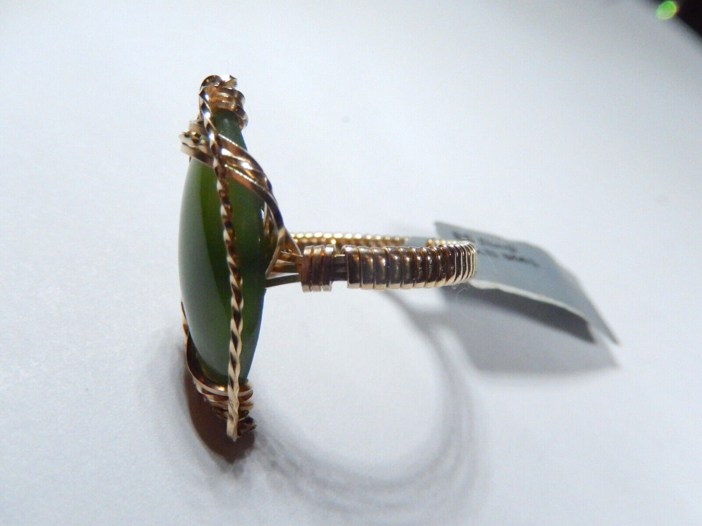 Vintage 18K Yellow Gold Vermeil .925 Green Jade Cabochon Marquise Cocktail Ring