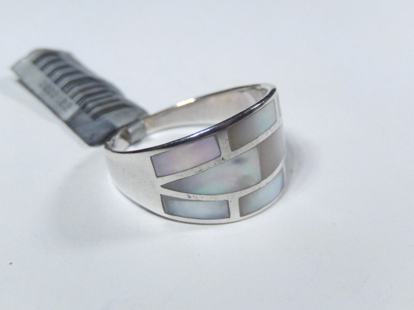 *VINTAGE* Signed "MD" Sterling Silver Wide Band Inlay Mother of Pearl Ring Sz 9