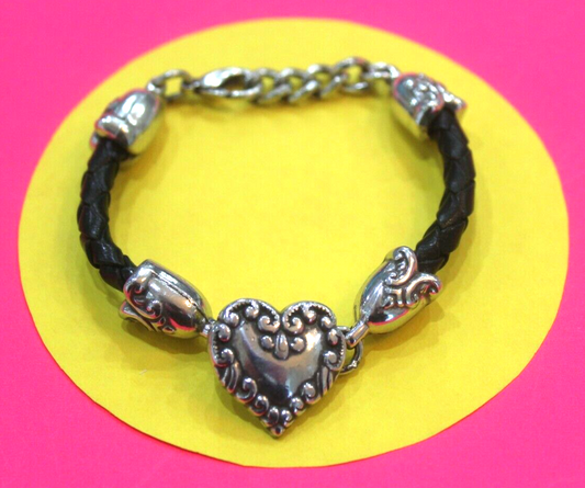 RETIRED Brighton Vintage Silver Heart / Black Cord  Bracelet, 7.5 inch