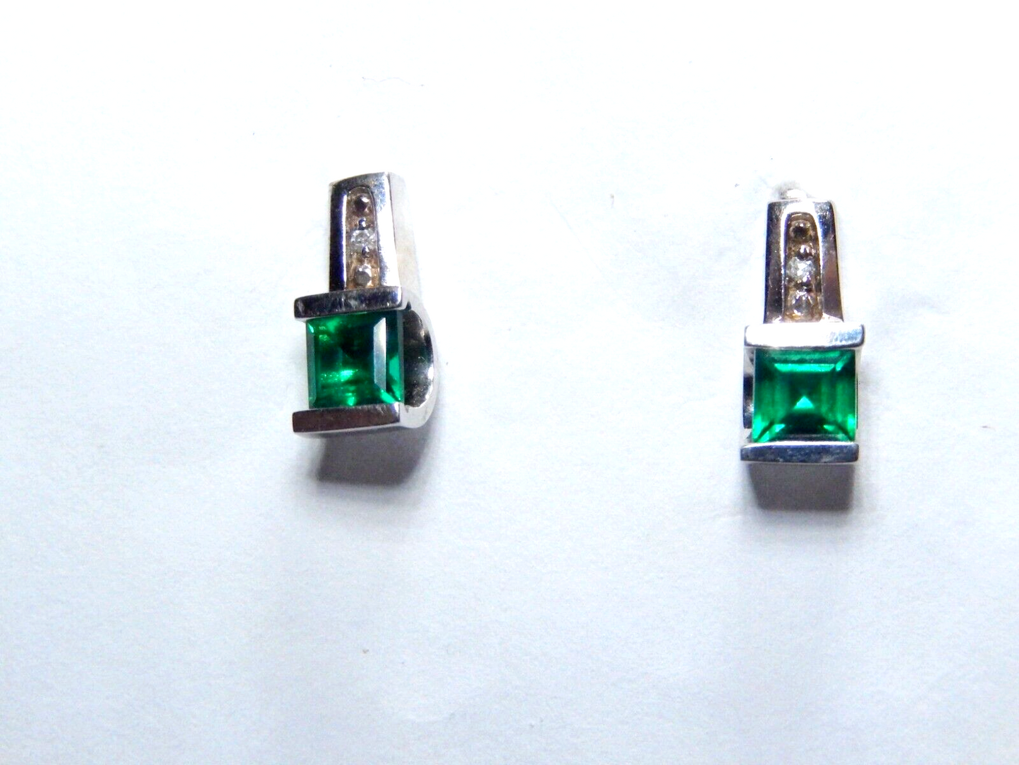 *VINTAGE*  10k White Gold Lab Created Emerald and Diamond Earrings
