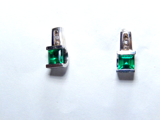 *VINTAGE*  10k White Gold Lab Created Emerald and Diamond Earrings