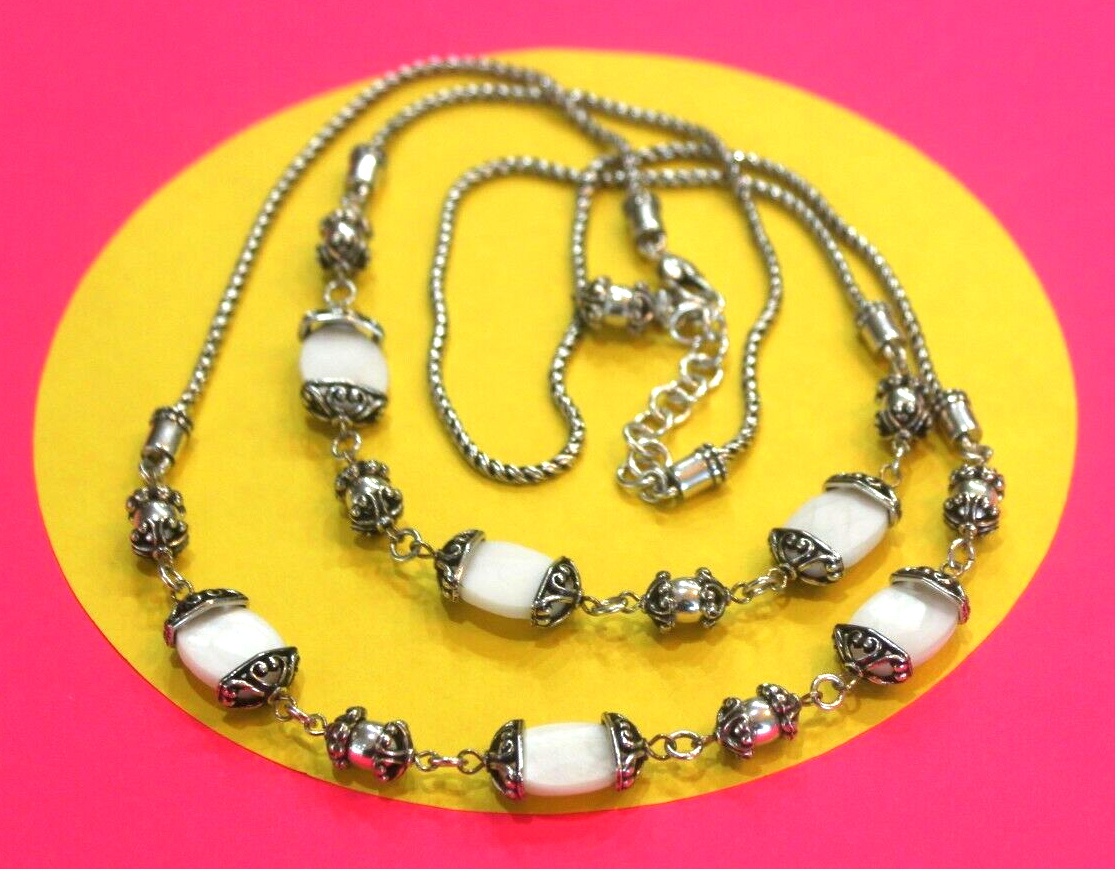 *RETIRED* BRIGHTON Long Statement Necklace Mother Pearl Beaded Silver Strand 43"