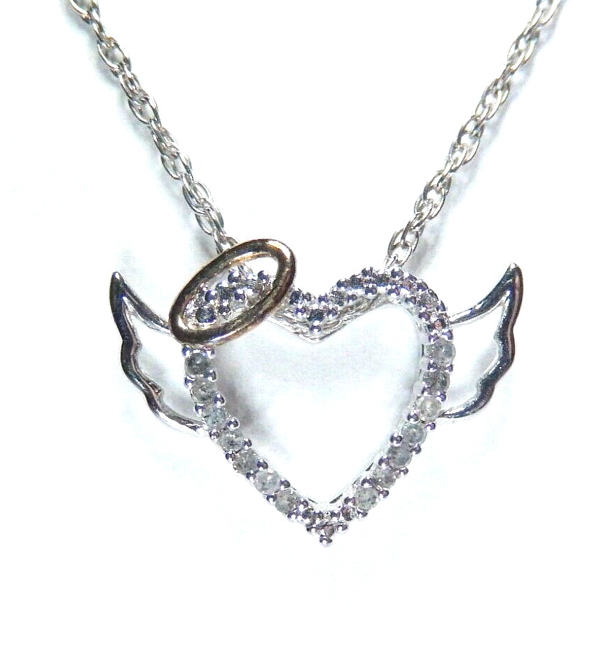 *NWT* Sterling Silver 14 Round Diamond Angel Heart Wing Pendant w/18" Chain