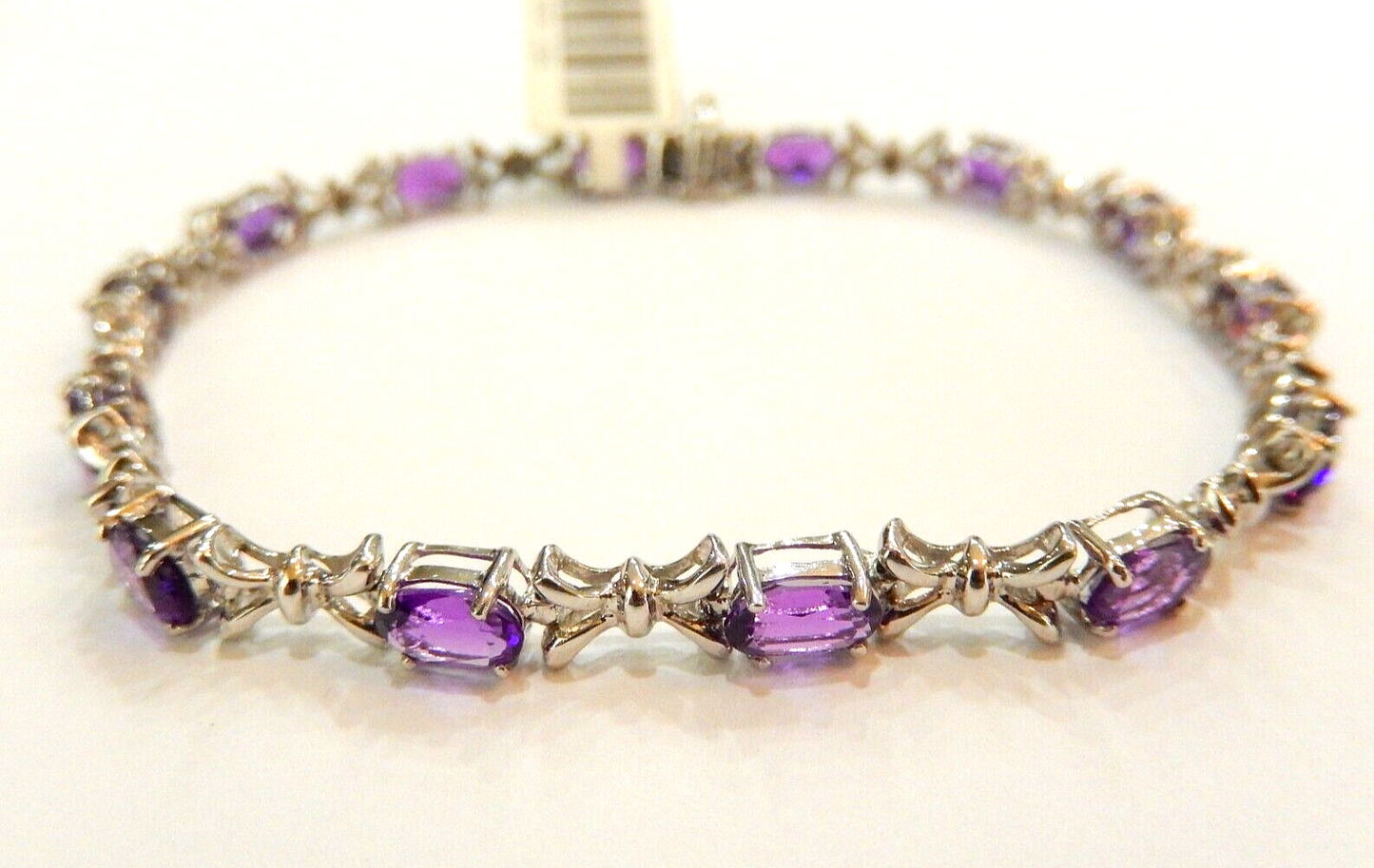 *NWT* 14K White Gold 7.0 CT Natural Oval Cut Amethyst Fancy Link 7" Bracelet