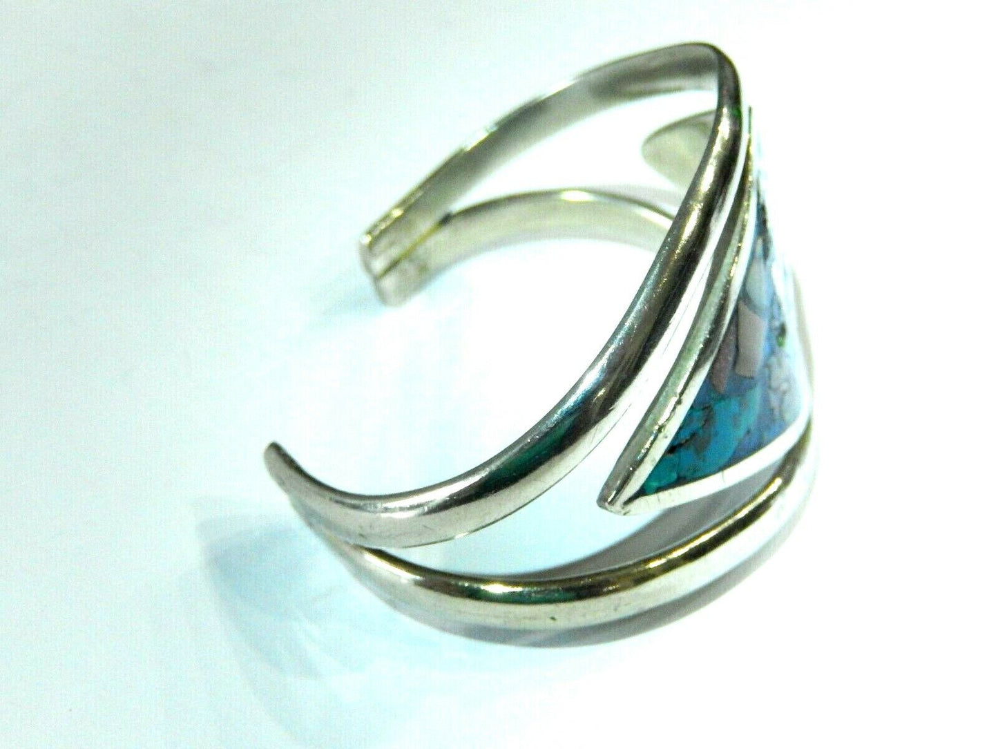 Vintage Mexico 925 Sterling Real Gem Inlay Tribal Dancing Wide Bangle Bracelet