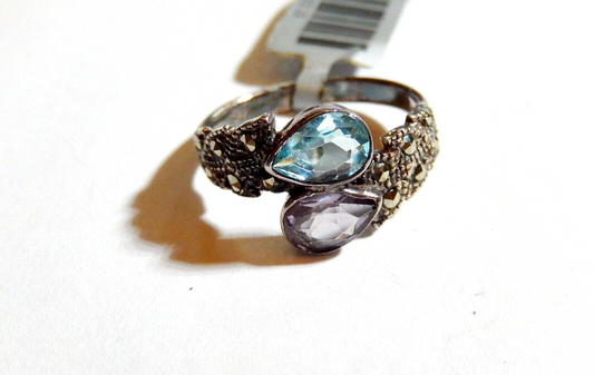 *VINTAGE*  Sterling Silver Amethyst & Blue Topaz Marcasite Gemstone Ring Size 7