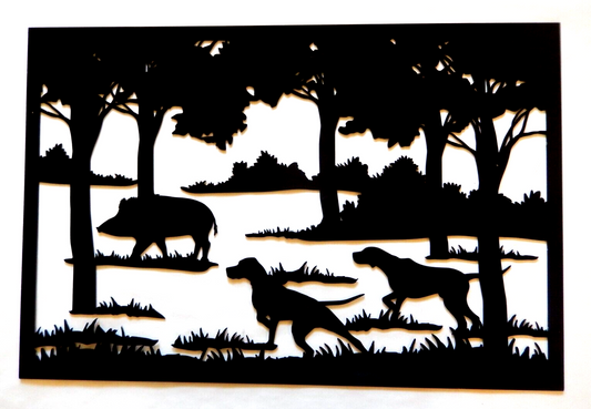 ~NEW~ LARGE -14ga. - " Dogs Hunting Hogs" Metal Wall Art Scene 25" x 16.75"