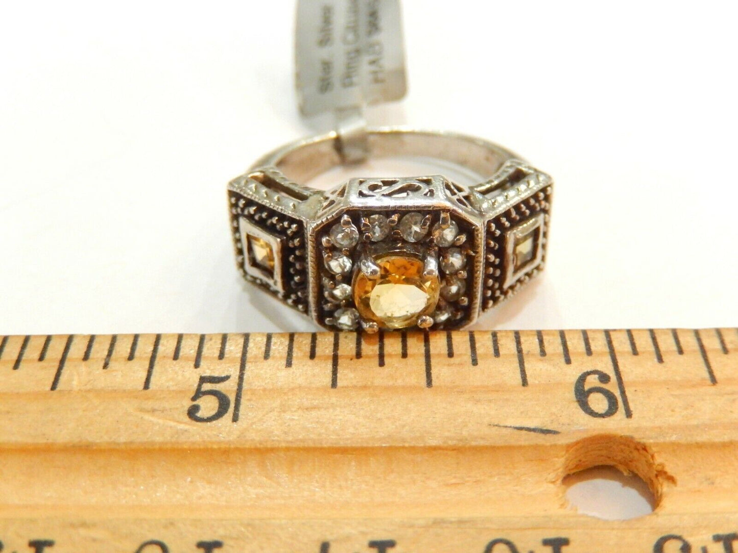 *VINTAGE* Gorgeous Vintage Art Deco  Sterling Silver Citrine & Cz  Ring SZ 9.25