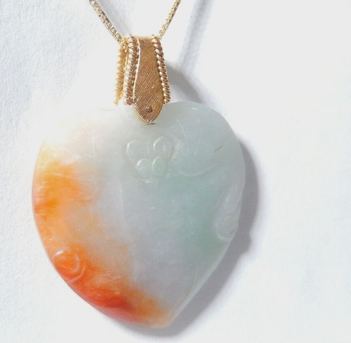 VINTAGE- Large 14k Yellow Gold Chinese Carved Jadeite Jade Heart Pendant w/18"ch